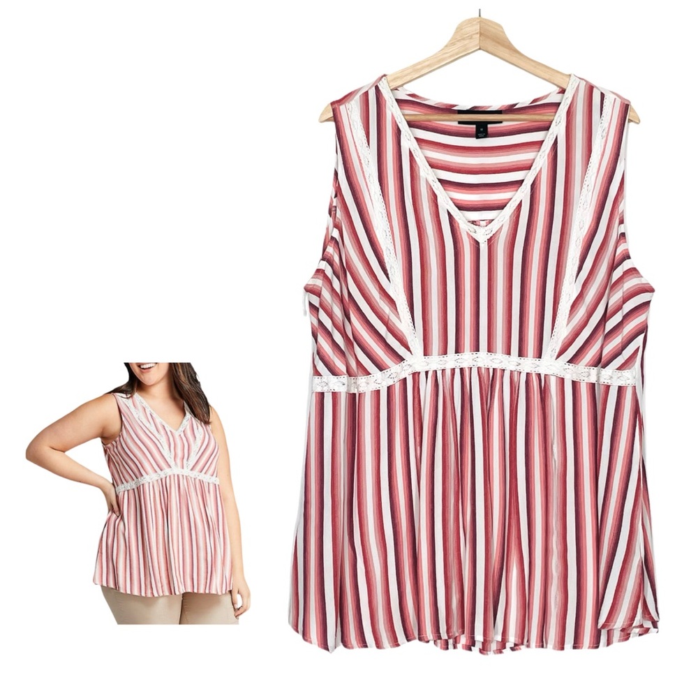 Lane Bryant Red and White Stripe Top Size 18 Sleeveless Lace Trim Gauzy Summer